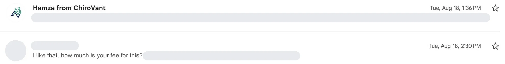 Screenshot of our inbox: a clinic owner's reply of 18 August 2026, “I like that. how much is your fee for this?” Names, photos and email addresses are covered in grey.
