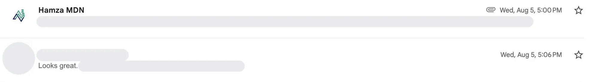 Screenshot of our inbox: a clinic owner's reply of 5 August 2026, “Looks great.” Names, photos and email addresses are covered in grey.