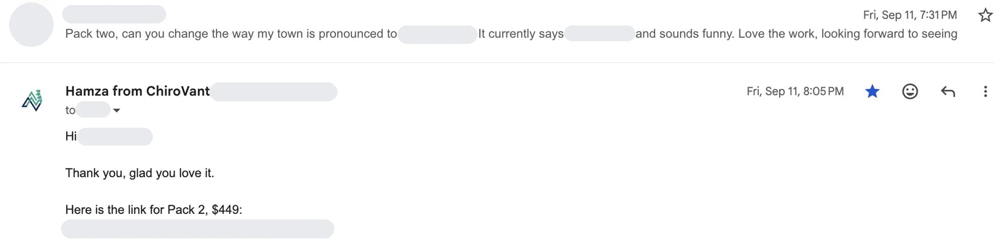 Screenshot of our inbox: a clinic owner's reply of 11 September 2026, “Pack two, … Love the work, looking forward to seeing…” Names, photos and email addresses are covered in grey.